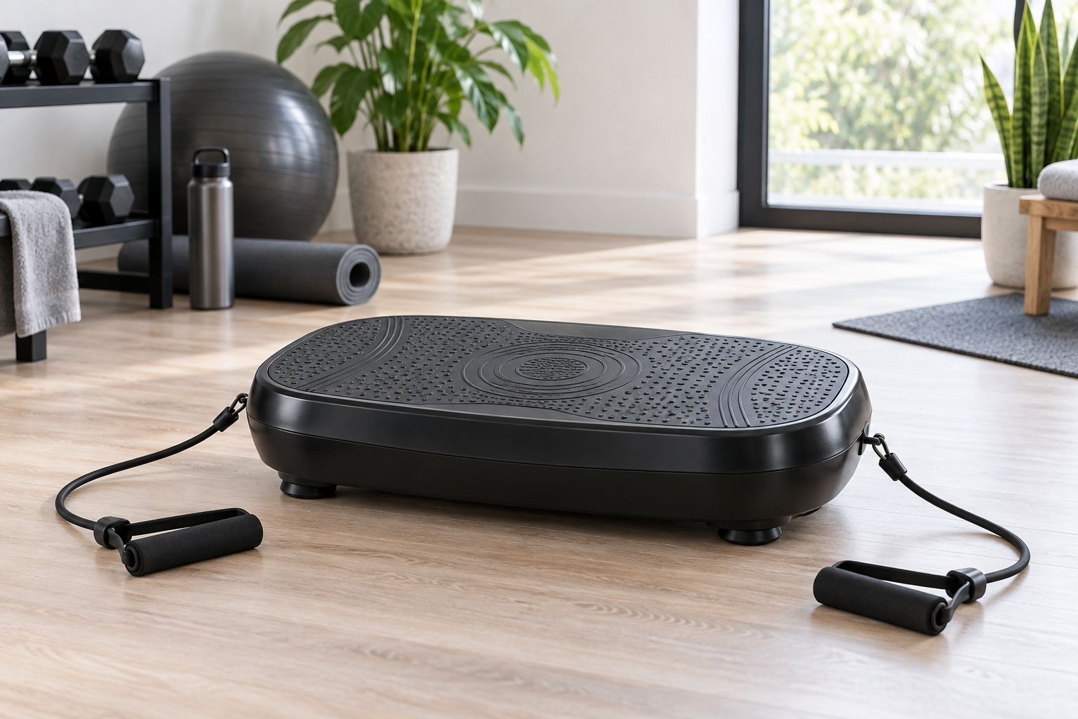Compact vibration plate with resistance bands in a home gym