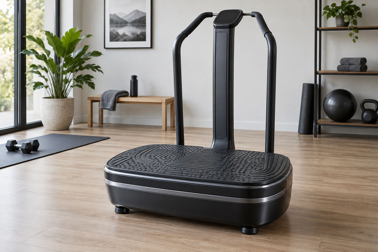 Vibration plate with support handles in a home gym
